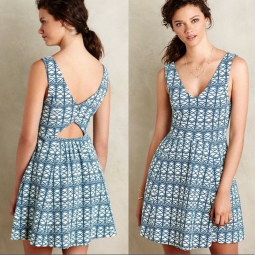 Maeve Anthropologie Double V Fit Flare Green Textured Geometric Women’s Dress 2